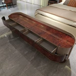 Luxury Bed End Cabinet with Natural Wood Veneer Drawer Fronts Upholstered Top and Stainless Steel Trim